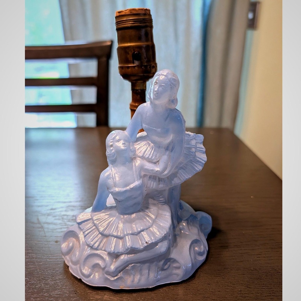 Vtg Art Deco Frosted Blue Satin Glass Ballerina Lamp 1930s Coquette Boudoir Base